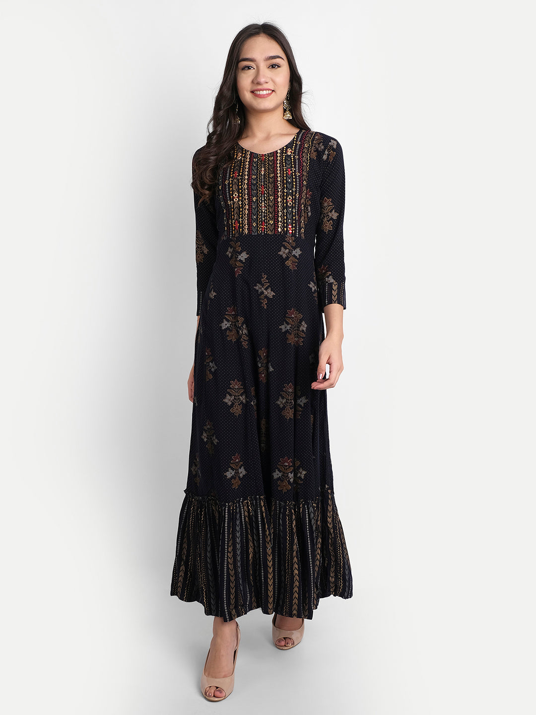 Navy Blue Rayon Mirror, Resham, Zari & Stone Work Textured Floral Print Kurti