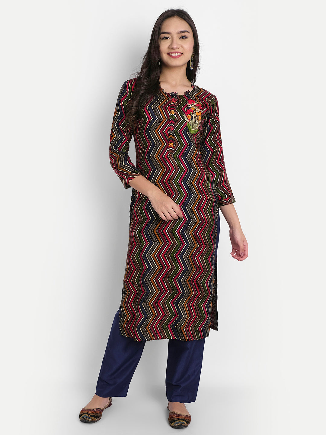 Blue, Green & Multi Colored Rayon Resham & Cutdana Work Abstract Zig-zag Print Kurti