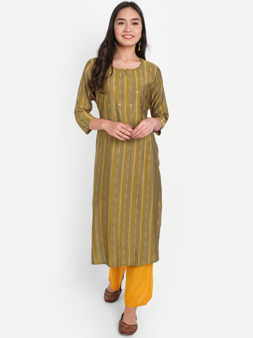 Mustard Green Rayon Mirror & Resham Work Ikkat Style Printed Kurti