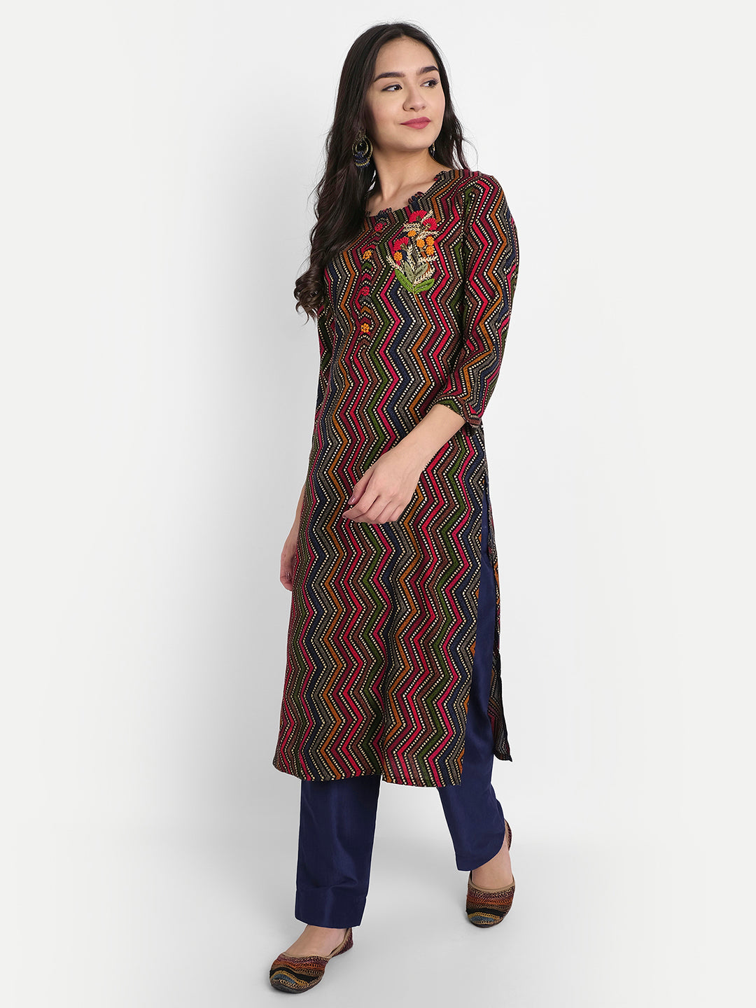 Blue, Green & Multi Colored Rayon Resham & Cutdana Work Abstract Zig-zag Print Kurti