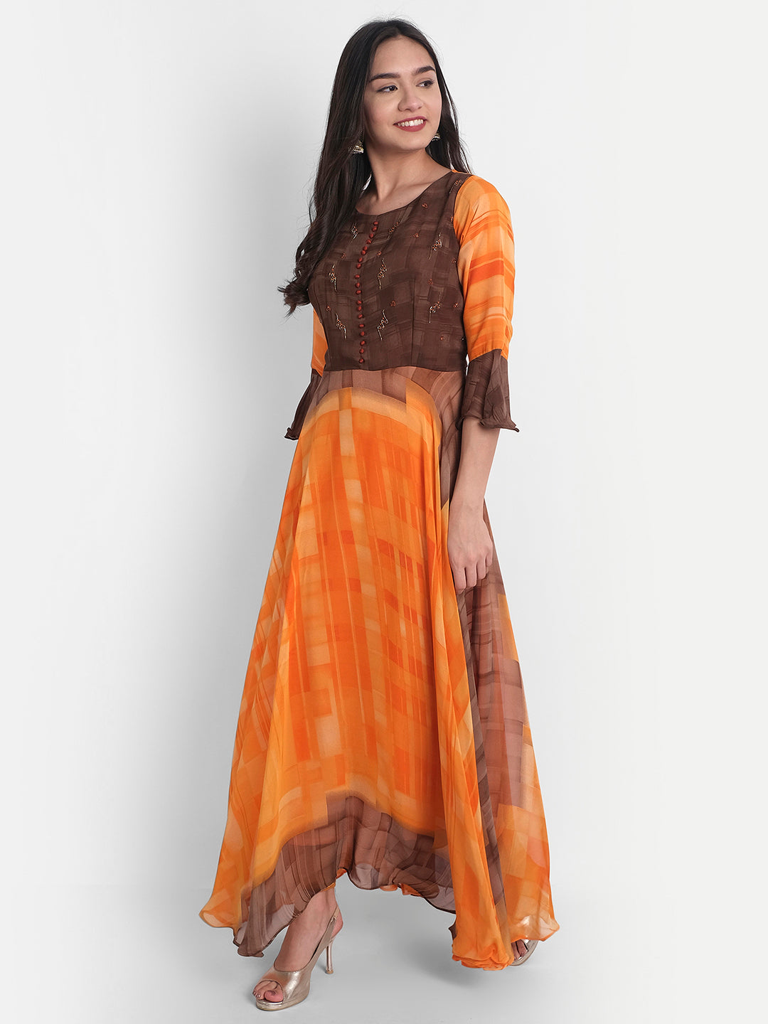 Orange Georgette Zari & Sequins Work Geometric Printed Flounce Sleeves Kurti