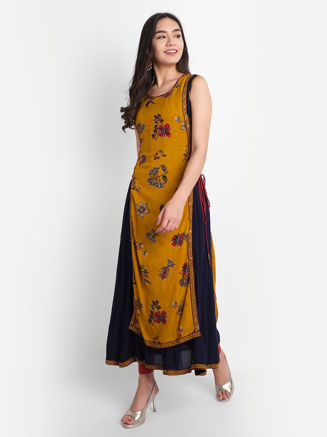 Mustard & Navy Blue Rayon Cutdana, Sequins & Beads Work Floral Double Layered Kurti