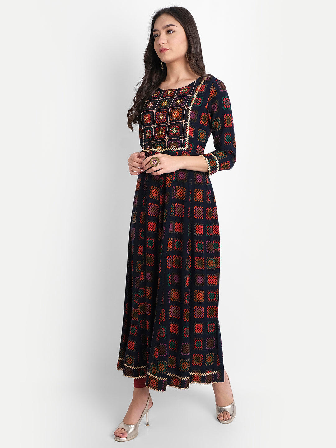 Blue Rayon Resham French Knot, Zari, Sequins, Beads & Zari Dori Work Geometric Print Maxi Kurti