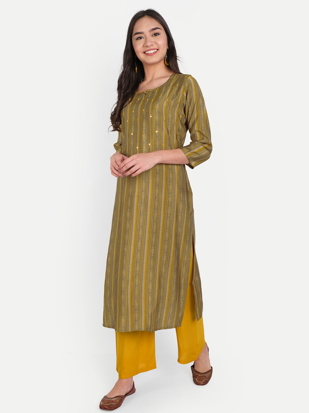 Mustard Green Rayon Mirror & Resham Work Ikkat Style Printed Kurti