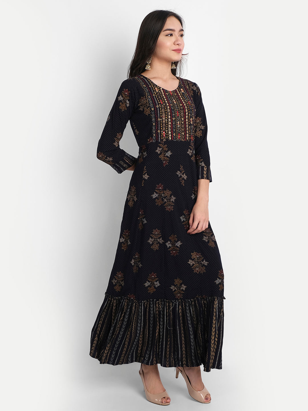 Navy Blue Rayon Mirror, Resham, Zari & Stone Work Textured Floral Print Kurti