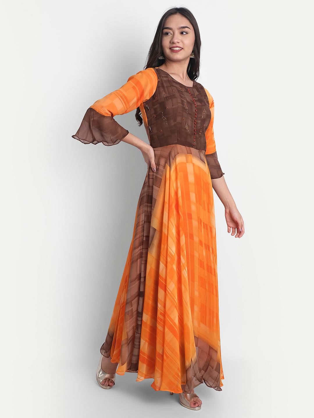 Orange Georgette Zari & Sequins Work Geometric Printed Flounce Sleeves Kurti