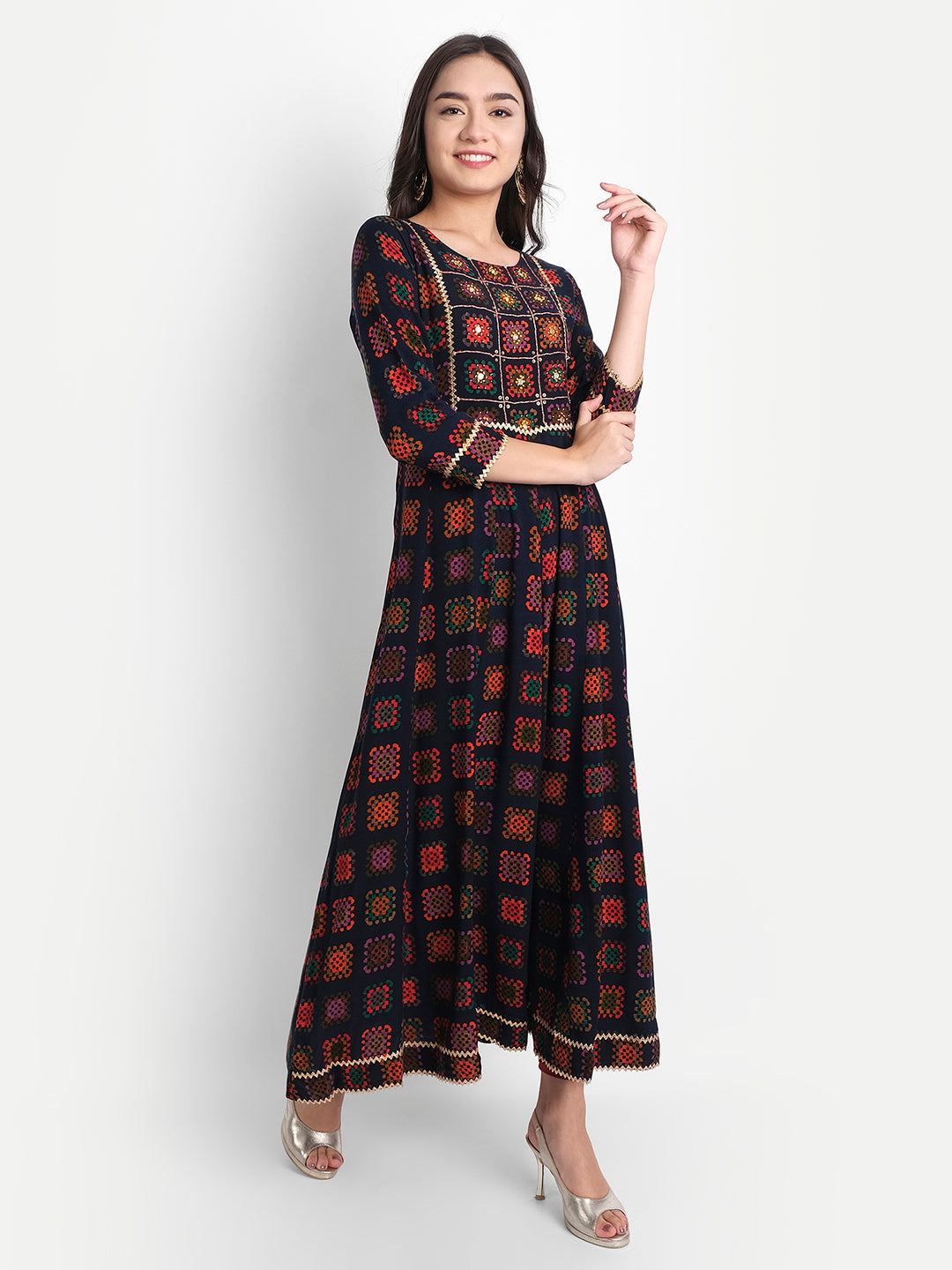 Blue Rayon Resham French Knot, Zari, Sequins, Beads & Zari Dori Work Geometric Print Maxi Kurti