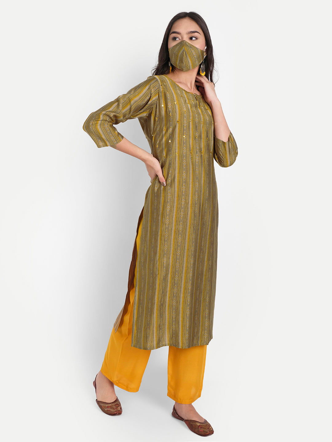 Mustard Green Rayon Mirror & Resham Work Ikkat Style Printed Kurti