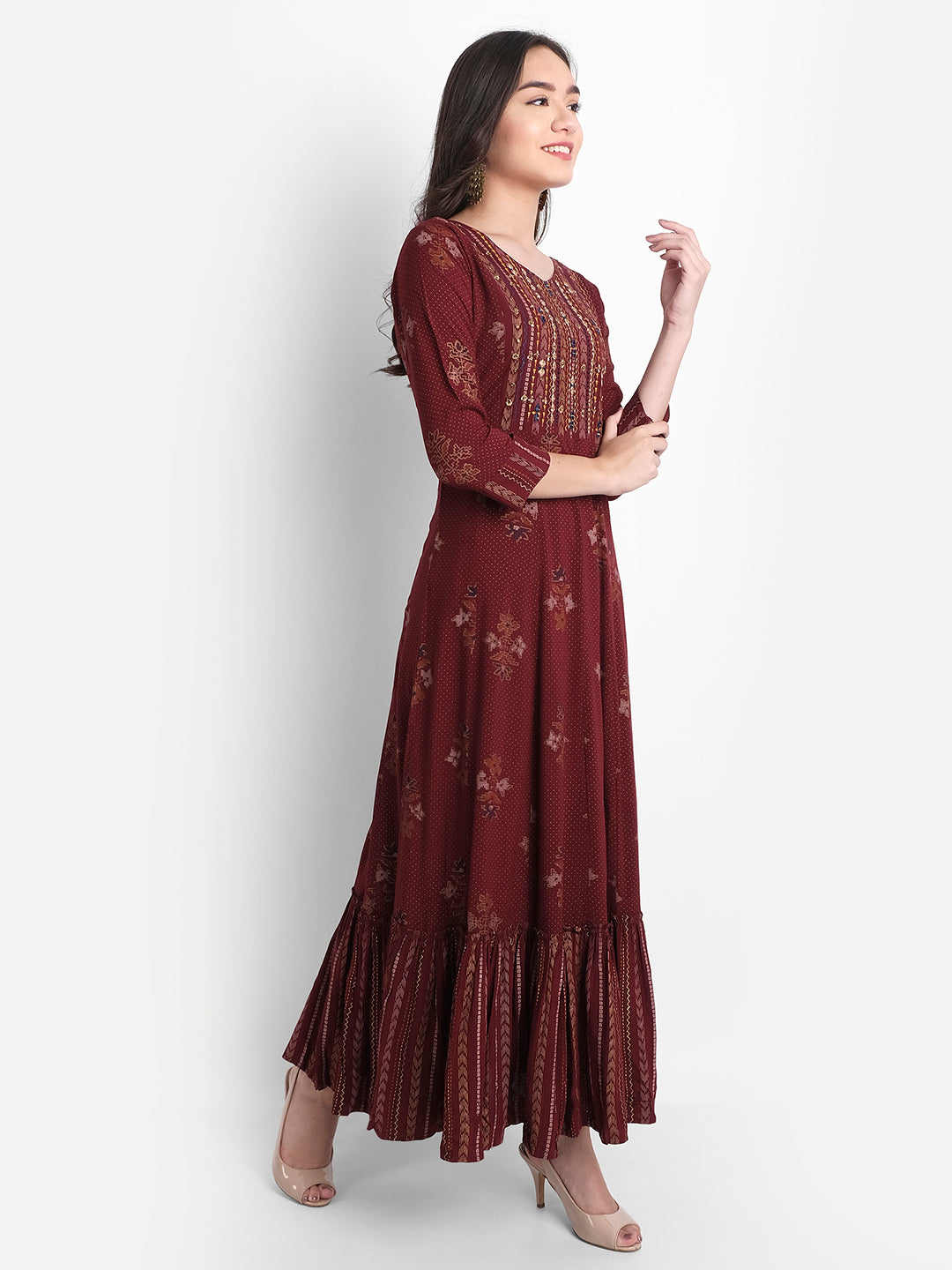 Deep Maroon Rayon Mirror, Resham, Zari & Stone Work Textured Floral Print Kurti