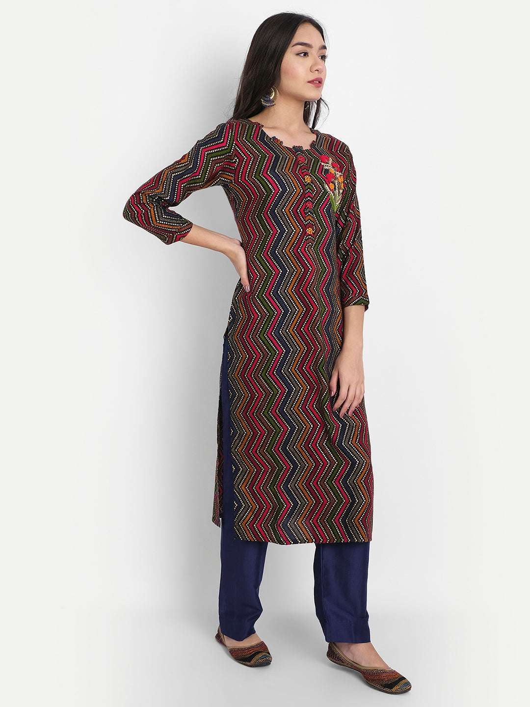 Blue, Green & Multi Colored Rayon Resham & Cutdana Work Abstract Zig-zag Print Kurti