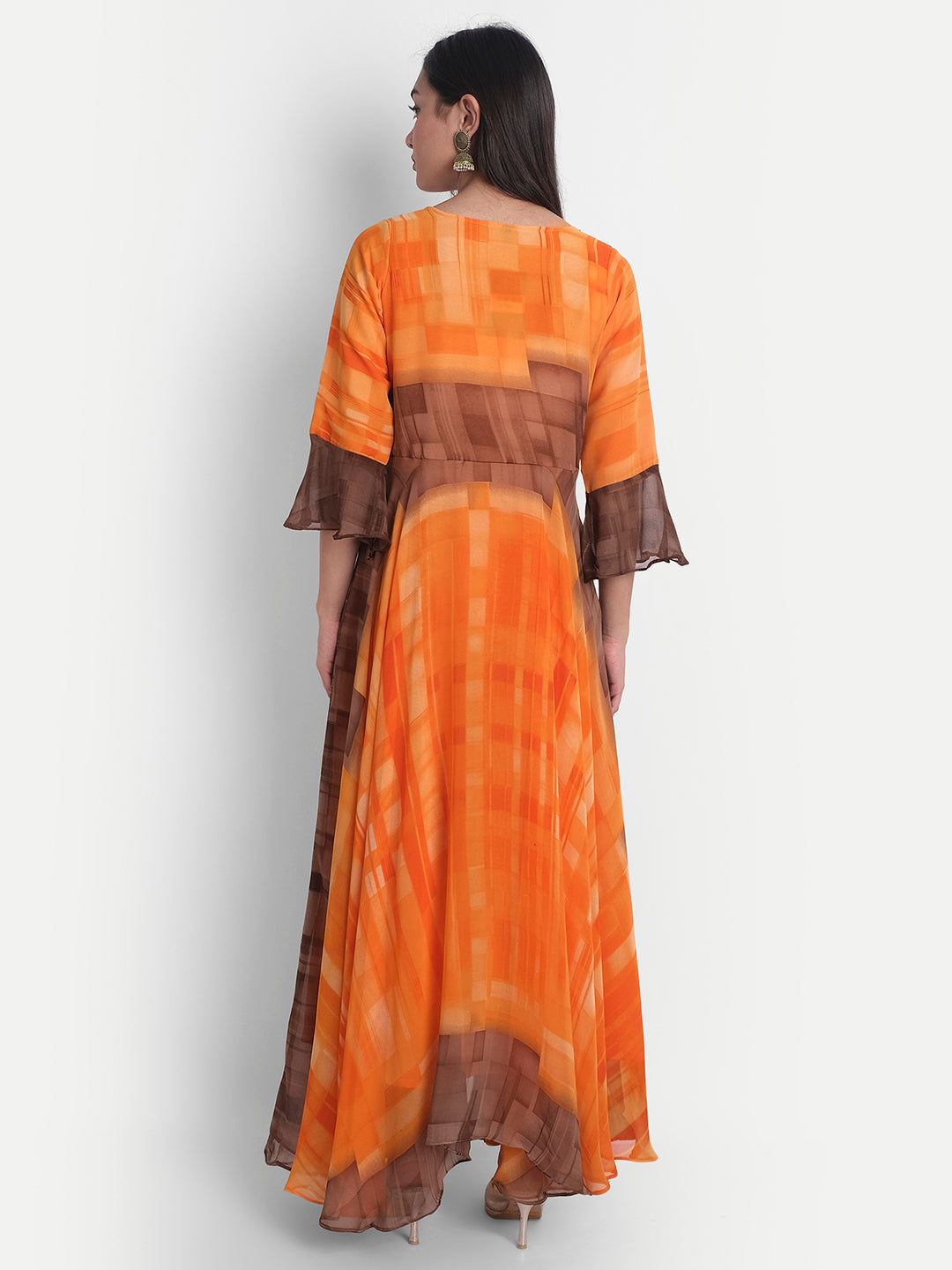 Orange Georgette Zari & Sequins Work Geometric Printed Flounce Sleeves Kurti