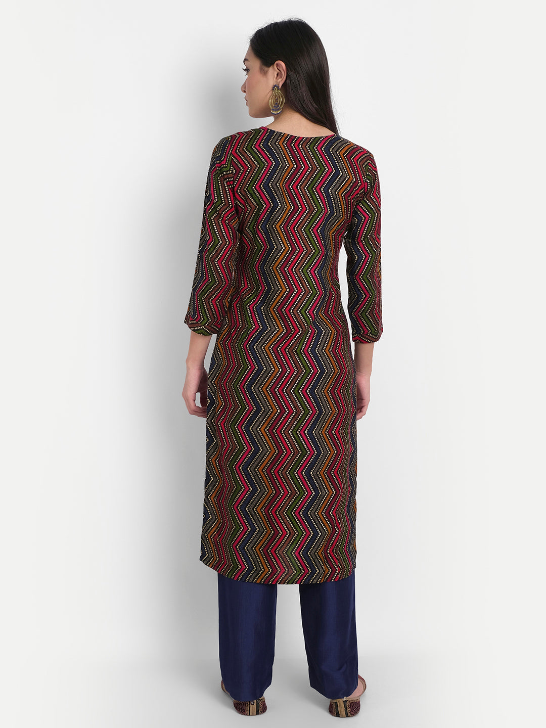 Blue, Green & Multi Colored Rayon Resham & Cutdana Work Abstract Zig-zag Print Kurti