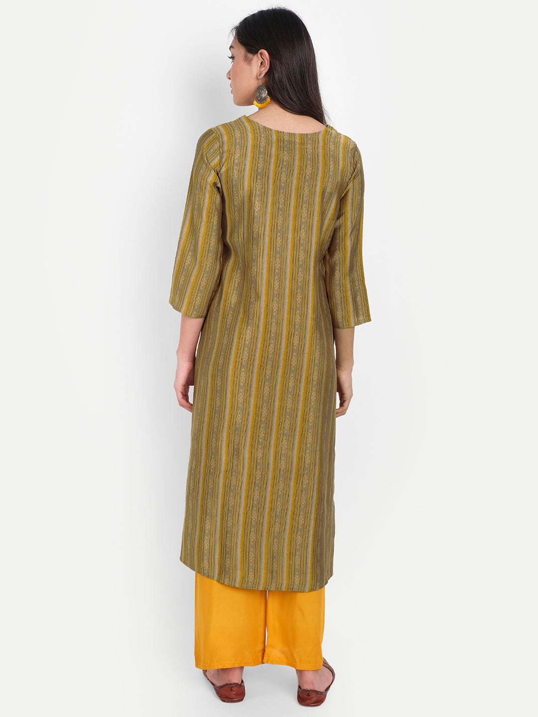 Mustard Green Rayon Mirror & Resham Work Ikkat Style Printed Kurti