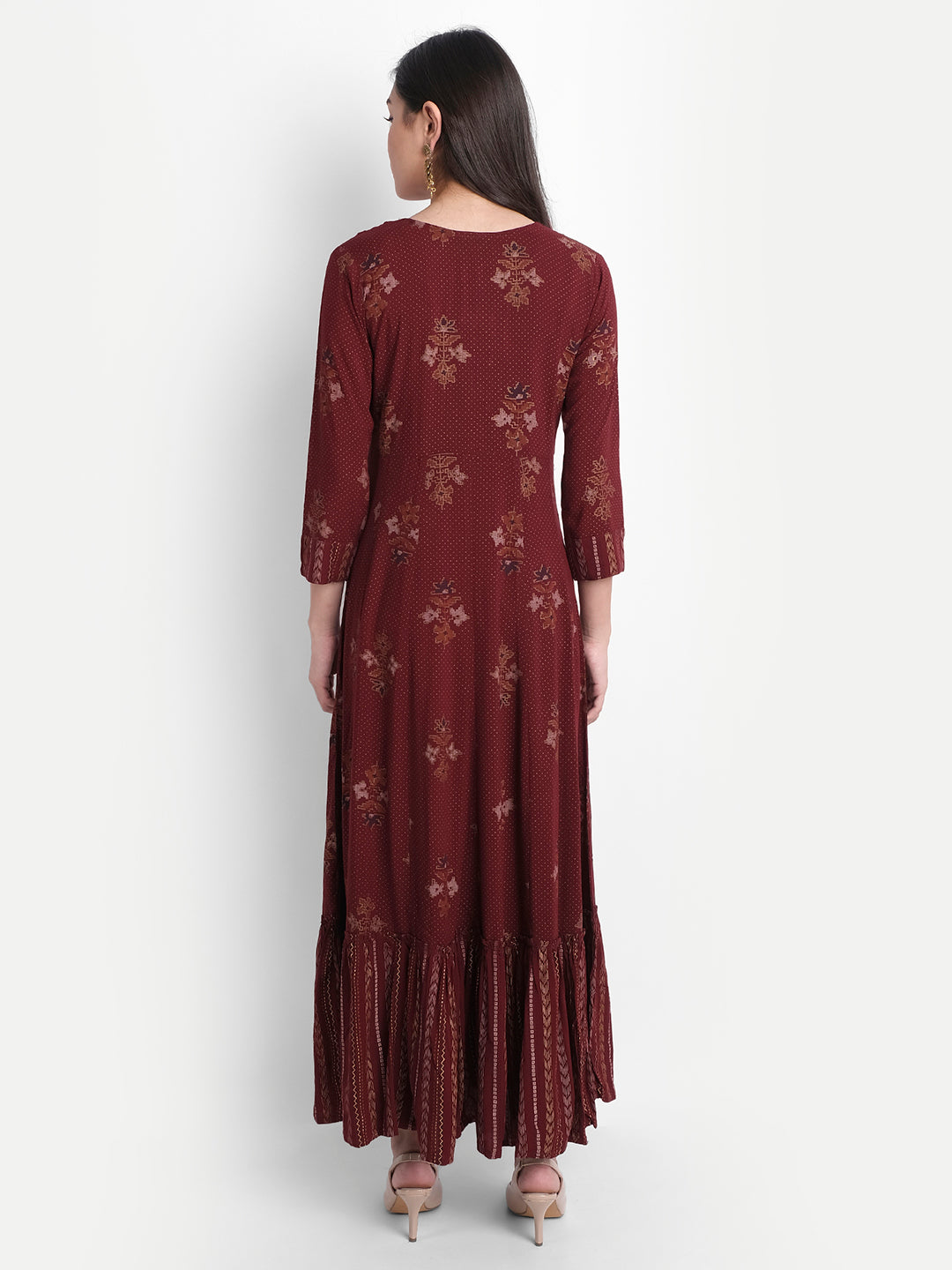 Deep Maroon Rayon Mirror, Resham, Zari & Stone Work Textured Floral Print Kurti