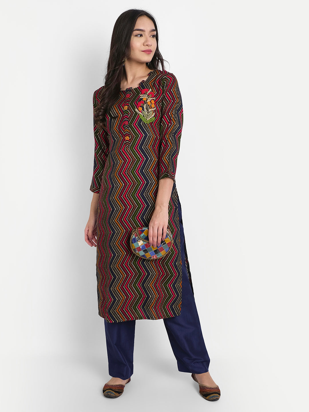 Blue, Green & Multi Colored Rayon Resham & Cutdana Work Abstract Zig-zag Print Kurti