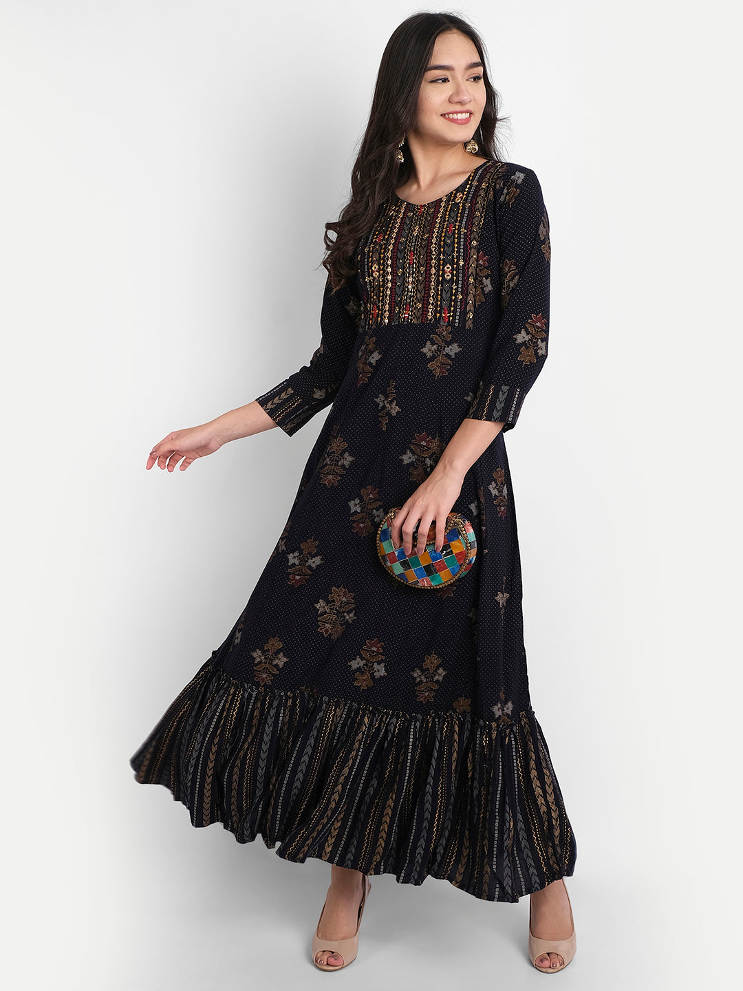 Navy Blue Rayon Mirror, Resham, Zari & Stone Work Textured Floral Print Kurti