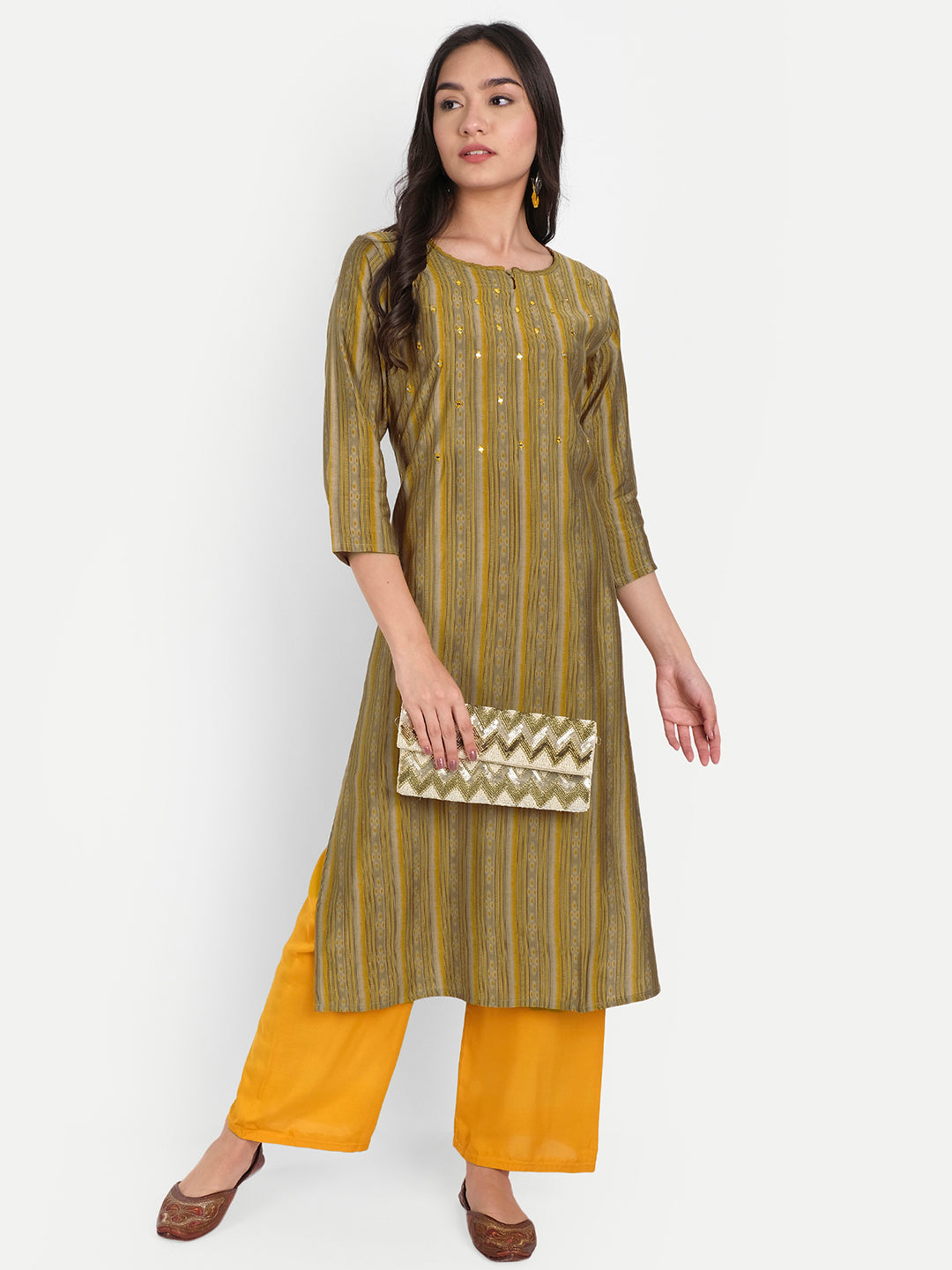 Mustard Green Rayon Mirror & Resham Work Ikkat Style Printed Kurti