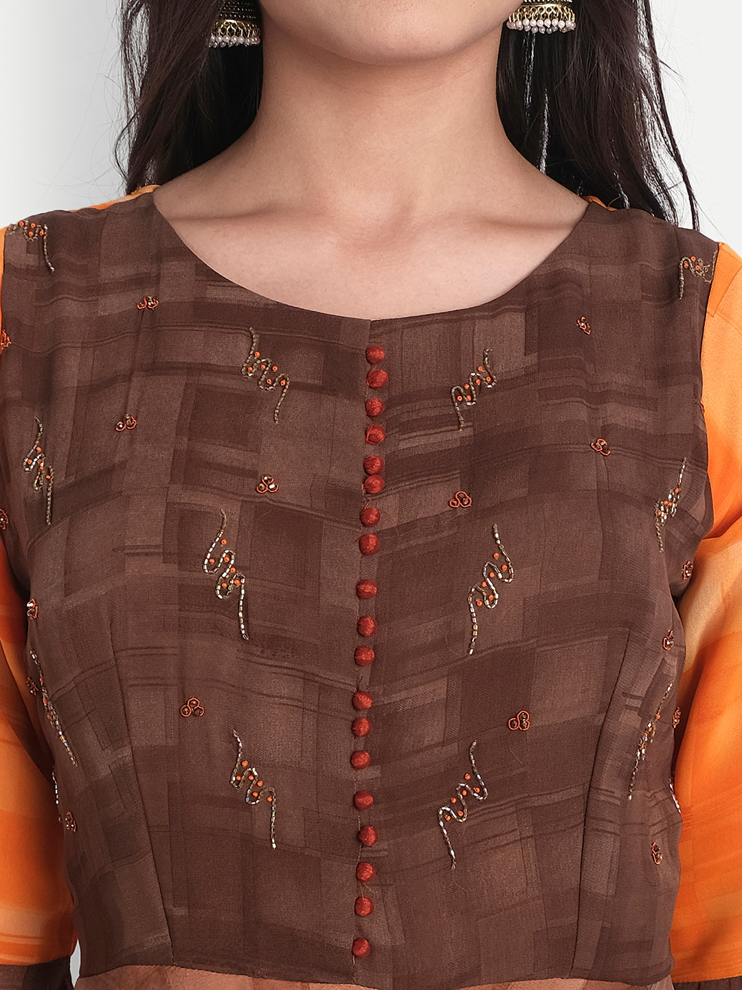 Orange Georgette Zari & Sequins Work Geometric Printed Flounce Sleeves Kurti